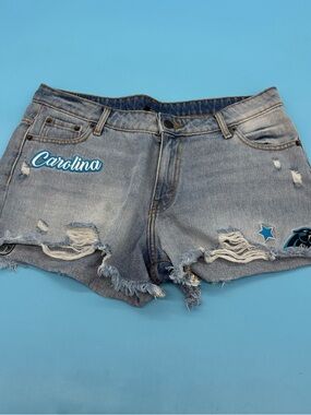 NFL Carolina Panthers Embroidered Distressed Denim Jean Short Shorts Blue XL